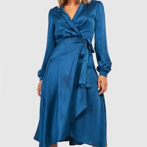 Boohoo Satin Wrap Detail Midi Skater Dress, Teal, Size12, all tags included, NEW